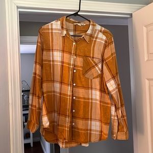 Orange plaid button down with rose embroidery